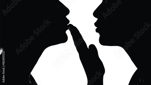 Silhouette profile of two faces about to kiss with one finger touching lips, intimate moment concept, minimalist vector art, graphic design, isolated on white background