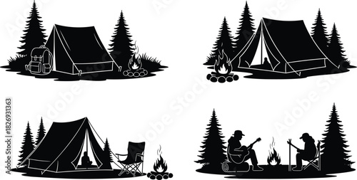 Night Camping Silhouette Vector Set, Isolated Illustrations of Campfire, Tent, Pine Forest Trees, and People Playing Guitar and Relaxing in the Wilderness