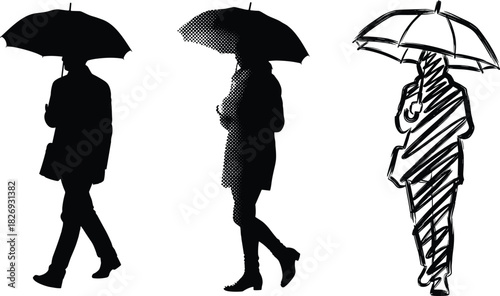 People Walking with Umbrella Silhouettes Rain Protection, Urban Life, Rainy Day Commute, Pedestrians in City Street, Stormy Weather, and Black Vector Graphics Collection