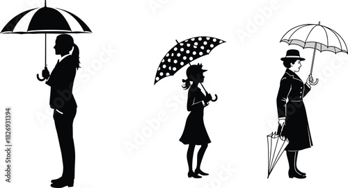 Set of Three Women with Umbrellas Silhouettes, Including Businesswoman, Young Girl, and Woman in Trench Coat, for Rain Protection and Weather Icons