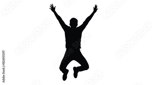 Silhouette of energetic young man jumping high with both arms raised in celebration or success, dynamic motion graphic, flat vector art, isolated on white background