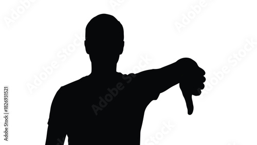 Silhouette of a Man in T-shirt Showing Thumbs Down Gesture, Negative Feedback Symbol, Simple Black Shape Illustration, isolated on white background