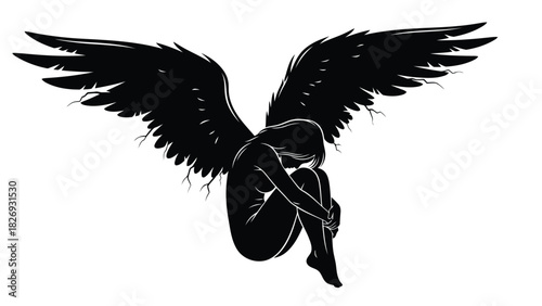 Black silhouette of a sad, nude angel with large, dark, broken wings curled up in fetal position, emotional vector art, logo design, isolated on white background