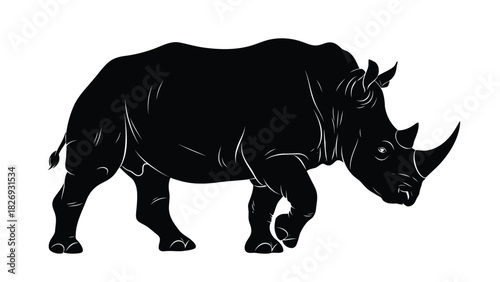 Powerful black rhinoceros silhouette walking profile view with detailed muscle contours, clean vector art illustration for wildlife design, isolated on white background