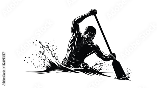 Muscular shirtless man paddling aggressively in canoe or kayak creating large water splash, dynamic sports action vector art, logo design, isolated on white background