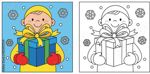 Cute cartoon boy holding Christmas gift box coloring page, vector illustration of happy child with winter present and snowflakes for kids activity book