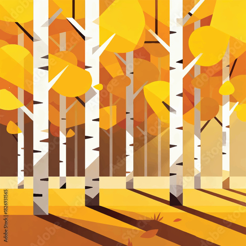 Illustration Of A Row Of Aspen Trees, Warm Autumn Light Vector Design Template