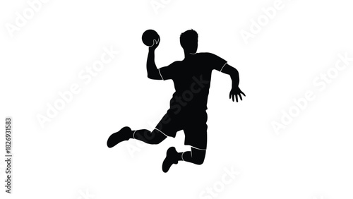 Black silhouette of male handball player jumping high in air throwing ball, dynamic sports action graphic, clean flat vector art design, isolated on white background