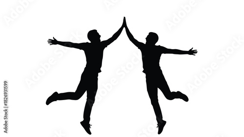 Two energetic men silhouettes jumping high giving a celebratory high five gesture, dynamic teamwork success concept, flat vector art, isolated on white background