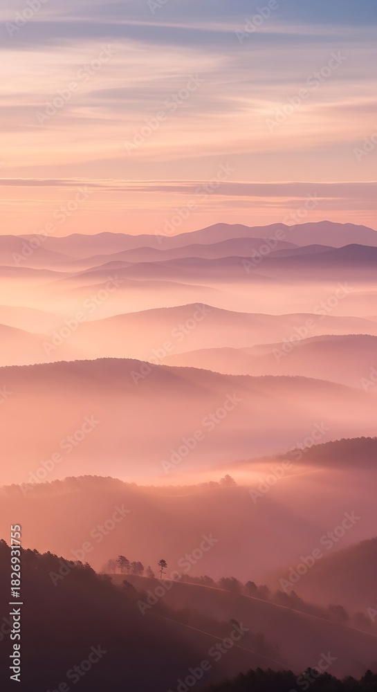 Obraz premium Layers of misty mountains at sunrise with soft pastel colors painting the sky and illuminating the fog