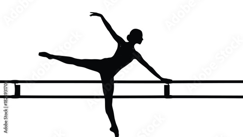 Silhouette of graceful ballerina performing an arabesque pose using a horizontal ballet barre, minimalist vector art, dance studio concept, isolated on white background