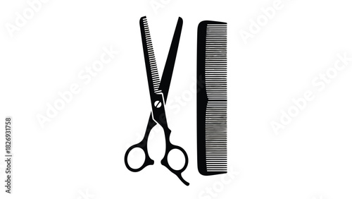 Black silhouette of professional thinning scissors and a barber comb side by side, essential hairdressing tools icon, clean vector art, logo design, isolated on white background