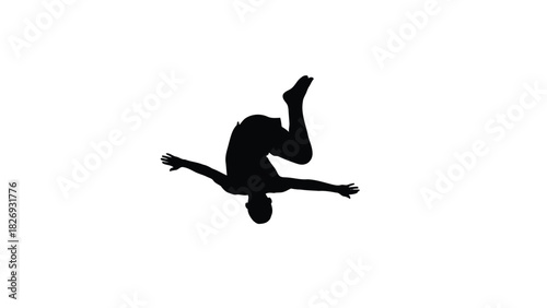 Silhouette of male athlete performing mid-air somersault flip with arms outstretched, dynamic sports action, clean flat vector art, logo design, isolated on white background