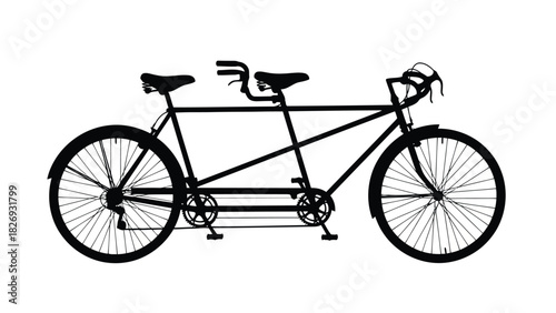 Black silhouette of a classic tandem bicycle with two seats and drop handlebars, simple vector art for transportation and partnership concepts, isolated on white background