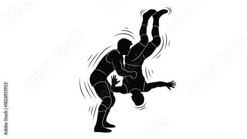Two wrestlers silhouettes grappling in dynamic action, one executing a powerful suplex throw, motion lines indicating impact, clean vector art, sport concept, isolated on white background