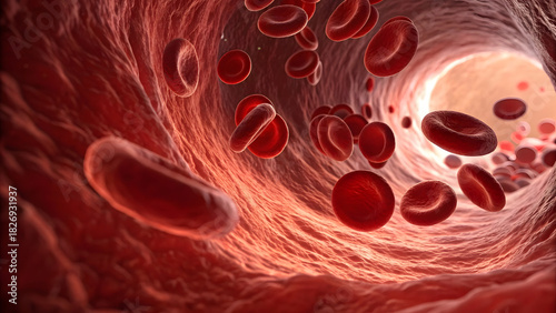 A dynamic, hyper-detailed cross-section of a human blood vessel pulses with life thousands of red blood cells—smooth, biconcave discs in deep crimson and ruby-red—flow in seamless