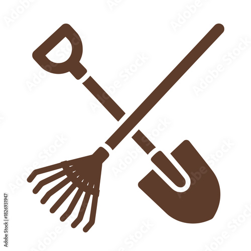 Brown garden shovel and rake crossed on white background tool gardening