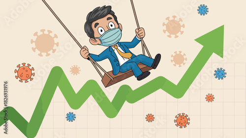 A masked businessman swings on a swing set, symbolizing the volatile economic market and the impact of the COVID-19 pandemic.