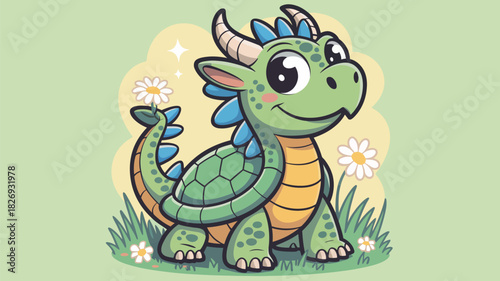 A cute cartoon dragon with green scales and blue spikes smiles cheerfully amidst a field of daisies.