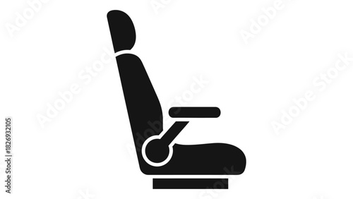 Side view silhouette of a comfortable modern vehicle seat or passenger chair with headrest and adjustable armrest, isola