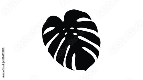 Bold black silhouette of a Monstera deliciosa leaf with characteristic fenestrations, minimalist tropical plant icon, clean flat vector art sticker design, isolated on white background