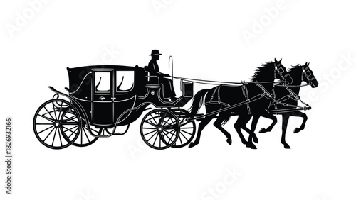 Silhouette of classic horse-drawn carriage with driver wearing a hat, pulled by two running horses, vintage transport vector art, logo design, isolated on white background