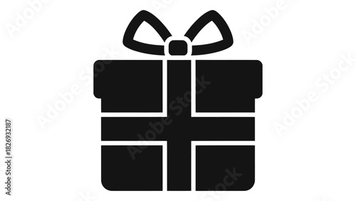 Simple black silhouette of a classic gift box with a ribbon and bow, symbolizing celebration and surprise.