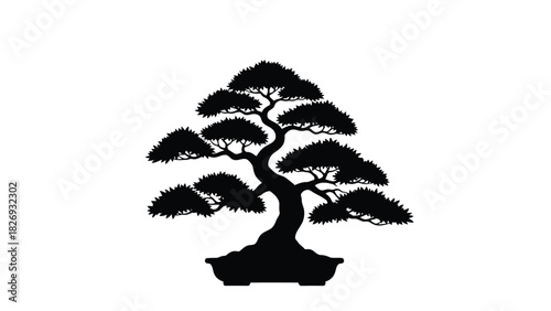 Stylized black bonsai tree silhouette with twisted trunk and cloud shaped leaves in a shallow pot, zen meditation symbol, logo design, isolated on white background