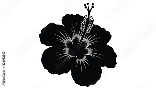 Black hibiscus flower silhouette with detailed stamen and textured center, tropical summer symbol, flat vector design, logo element, isolated on white background