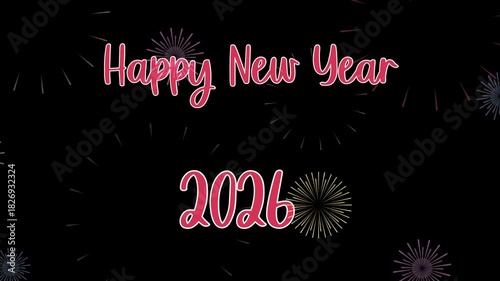 Animated Happy New Year 2026 pink text with colorful fireworks on dark sky
