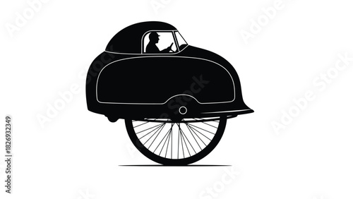 Retro monowheel vehicle silhouette featuring a driver in a dome cabin balancing on a single spoked wheel, flat vector art, logo design, isolated on white background