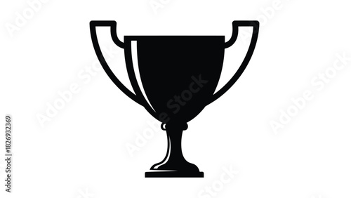 Black silhouette of a champion trophy cup with curved handles and white highlights representing victory, flat vector icon design, isolated on white background