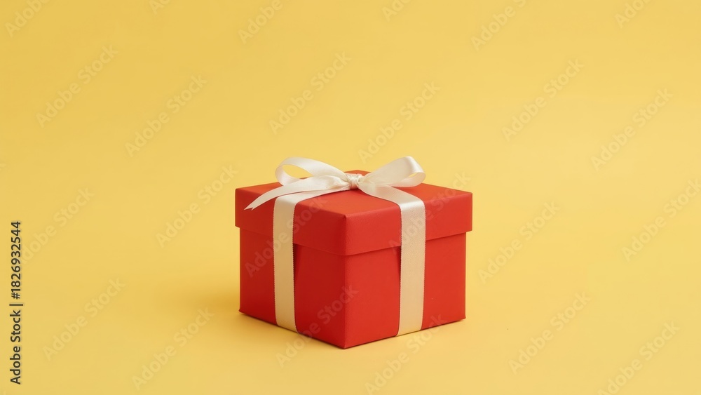 Fototapeta premium Red gift box with white ribbon on yellow background.