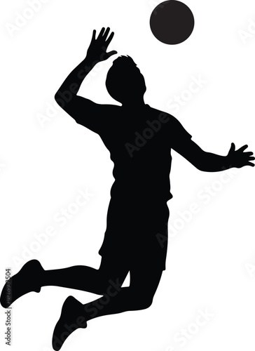 Silhouette of a volleyball player jumping to spike the ball, arms raised, against a white background.