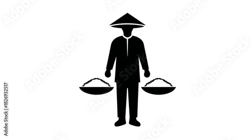 Traditional merchant icon wearing conical hat, holding classic balance scales for weighing and selling goods