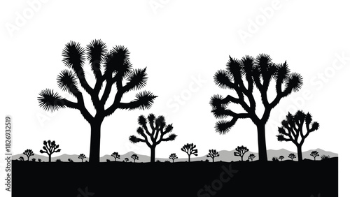 Black silhouettes of spiky Joshua trees standing in an arid desert landscape with distant grey mountains, flat vector illustration, isolated on white background