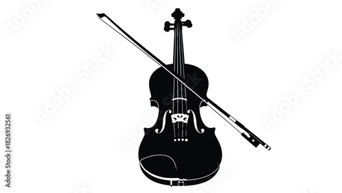 Classical violin silhouette with a bow crossing diagonally over the strings, musical instrument symbol, flat vector illustration, logo design, isolated on white background