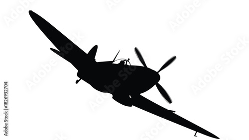 Detailed black silhouette of a vintage WWII Spitfire fighter plane banking in flight, military aviation concept, flat vector illustration, isolated on white background