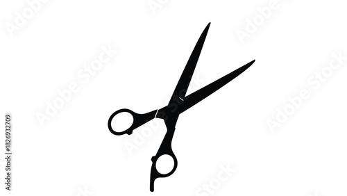 Stylized black silhouette of open scissors tool for barber or office use, flat vector icon design, isolated on white background