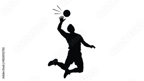 Black silhouette of male volleyball player jumping high to spike the ball with impact lines, flat vector icon design, isolated on white background