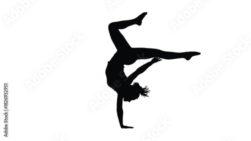 Black silhouette of an athletic female breakdancer performing a one-handed handstand freeze with dynamic legs, flat vector illustration, isolated on white background