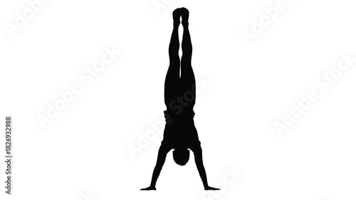 Black silhouette of a gymnast performing a vertical handstand pose with pointed toes and straight legs, vector illustration, isolated on white background