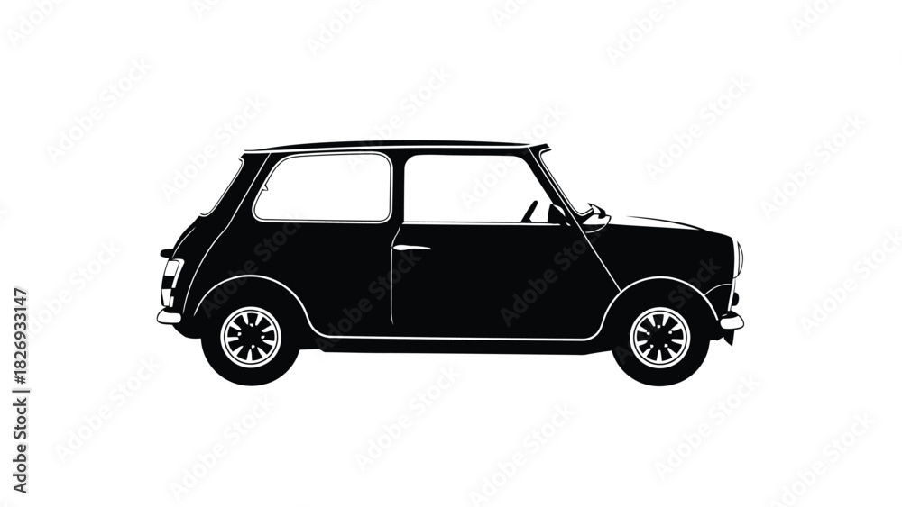Obraz premium Black silhouette of a classic vintage mini car in side view with white outlines, flat vector illustration, logo design, isolated on white background