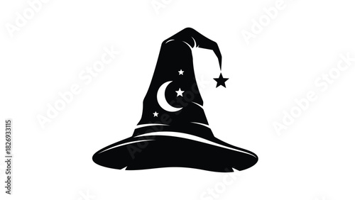 Black witch hat silhouette with crescent moon and hanging star on tip, magic wizard costume accessory, Halloween logo design, flat vector art, isolated on white background