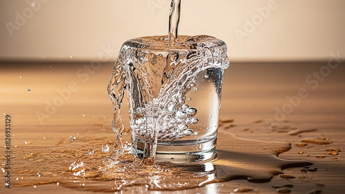 Capturing the moment of excess as clean drinking water spills from an overflowing glass, creating a chaotic splash on a wooden counter