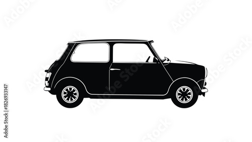 Black silhouette of a classic vintage mini car in side view with white outlines, flat vector illustration, logo design, isolated on white background