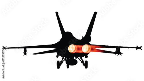 Rear view silhouette of military fighter jet with glowing orange afterburners and landing gear down, aviation concept, vector illustration, isolated on white background