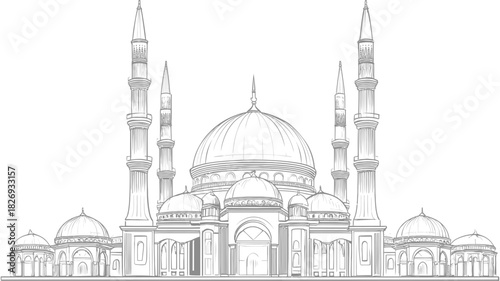 Detailed Line Art Drawing of a Grand Mosque with Domes and Minarets. Islamic Architecture Sketch Illustration for Religious Concepts.
