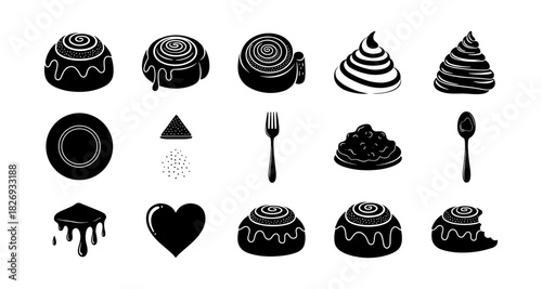 Silhouette dessert icons featuring cinnamon rolls, sweets, and kitchen elements