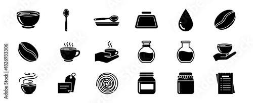 Black coffee and kitchen icons: silhouette style for food packaging and branding